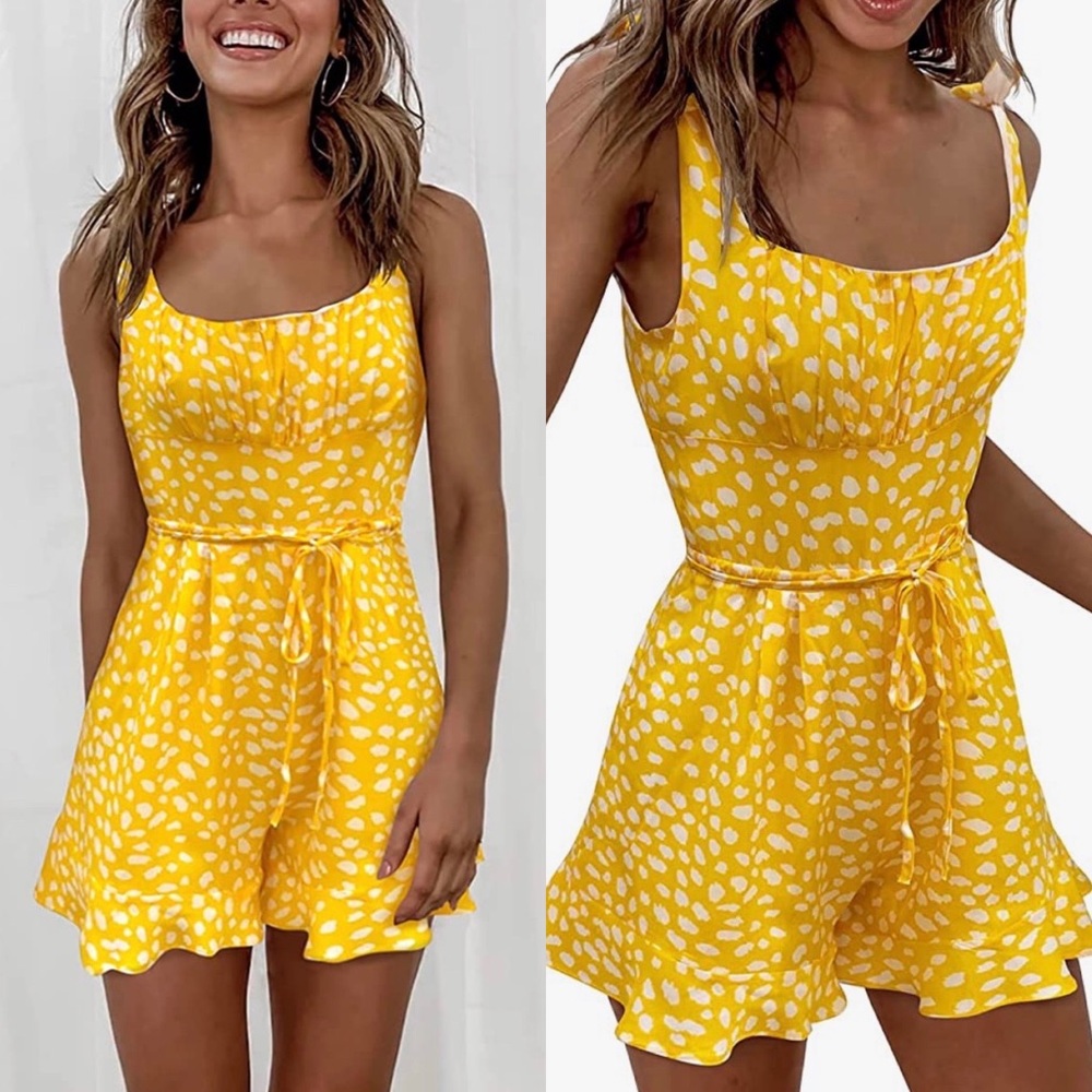 Yellow dotted ruffle hem romper 💛